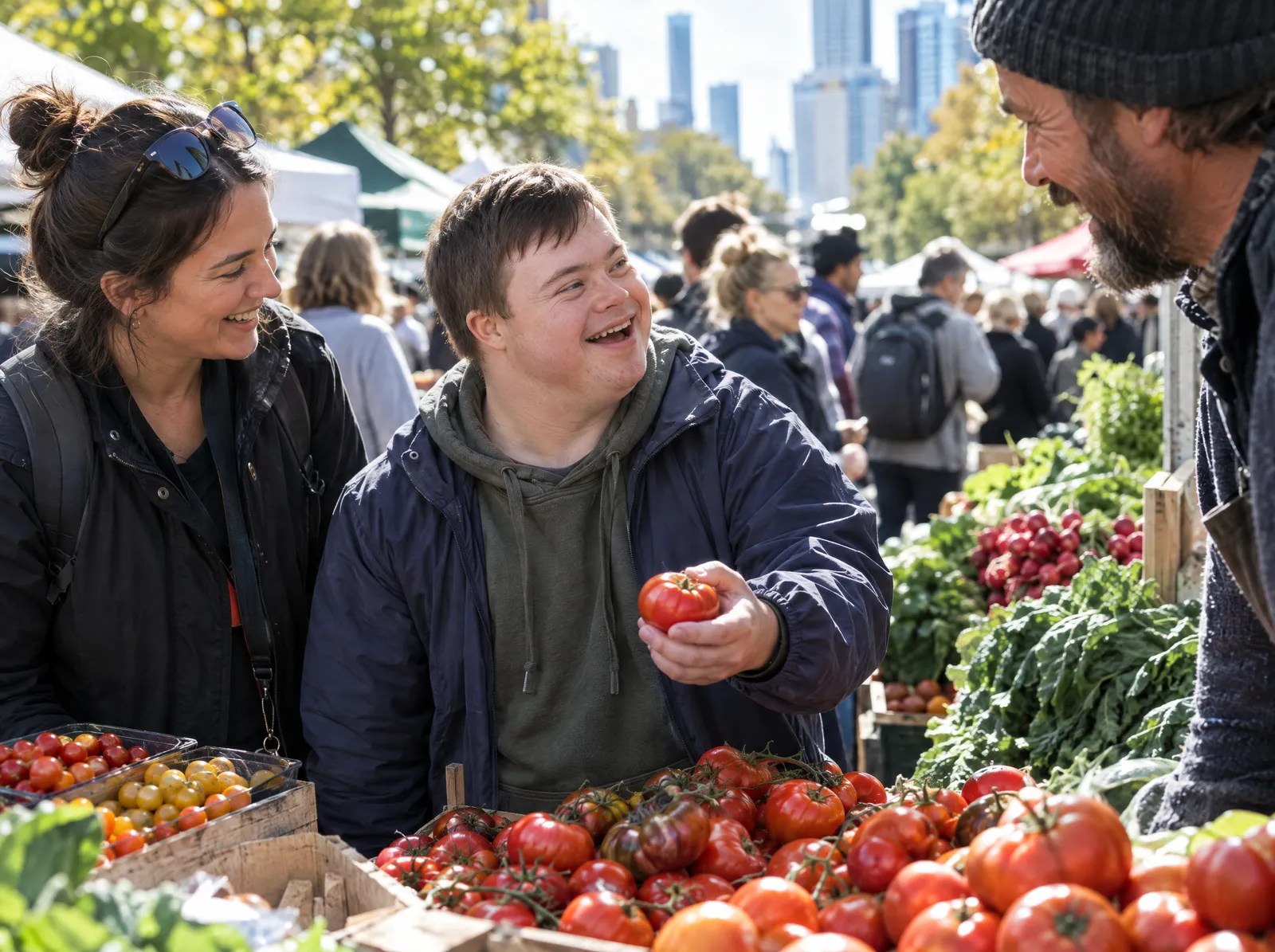 Young man choosing tomatoes at a farmers market with his support worker